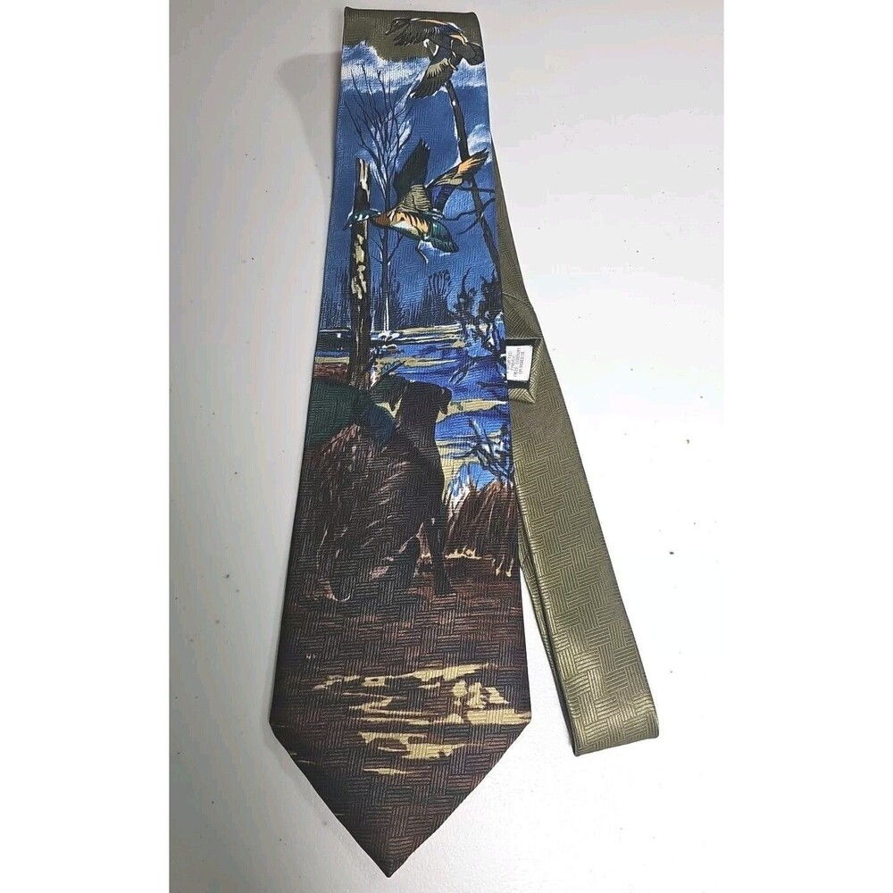Reed St James Men's Necktie Mallard Duck Hunting Dog Blue & Olive Green 58" Long